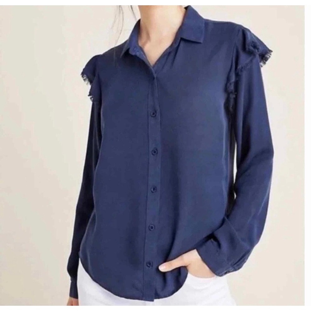 Cloth & Stone Anthropologie Navy Blue Tencel Ruffle Shoulder Button Down Shirt S